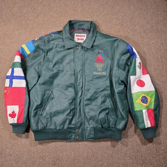 Vintage American Toons Olympics Leather Jacket XL 1996 Atlanta Embroidered Flags - Picture 1 of 10
